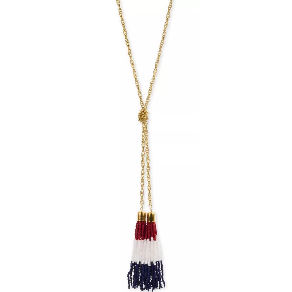 HOLIDAY LANE Gold-Tone Red, White & Blue Seed Bead Tassel 31" Lariat Necklace